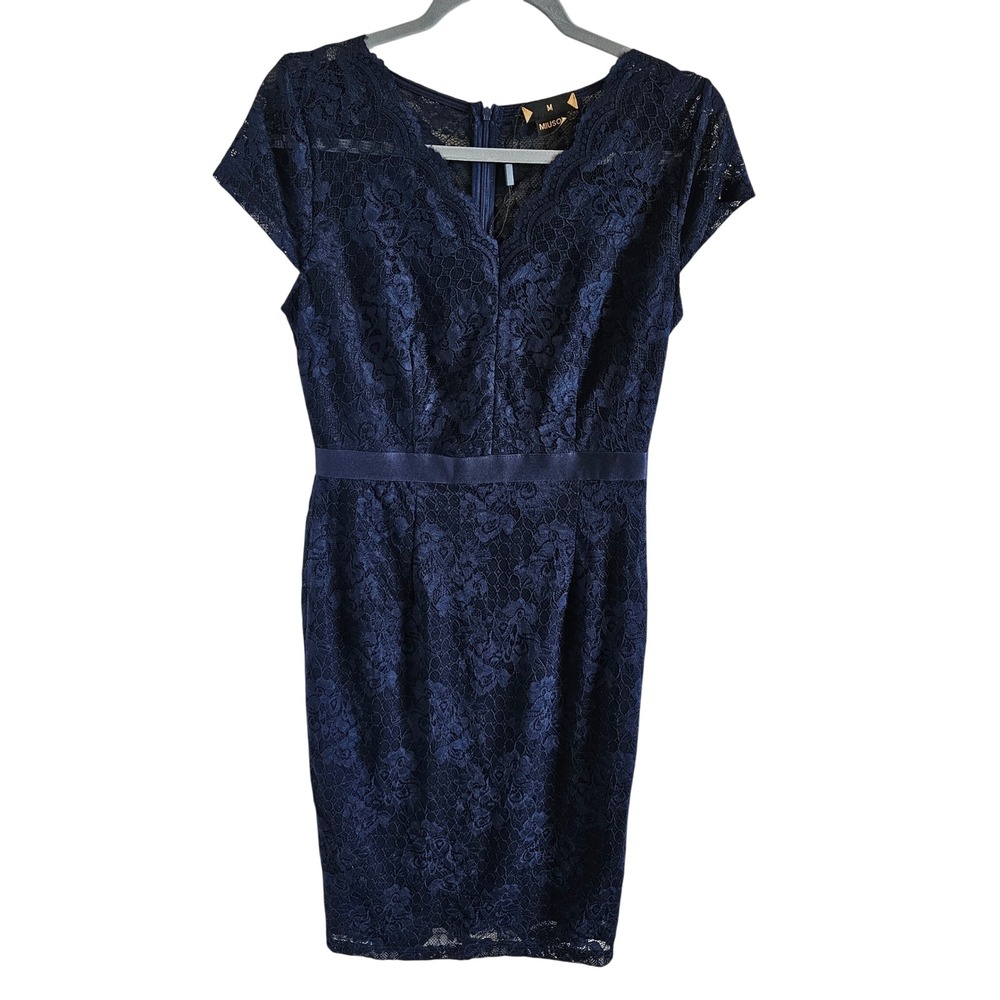 Miusol Womens Navy Blue Floral Lace V-Neck Cap Sleeve Cocktail Sheath Dress M